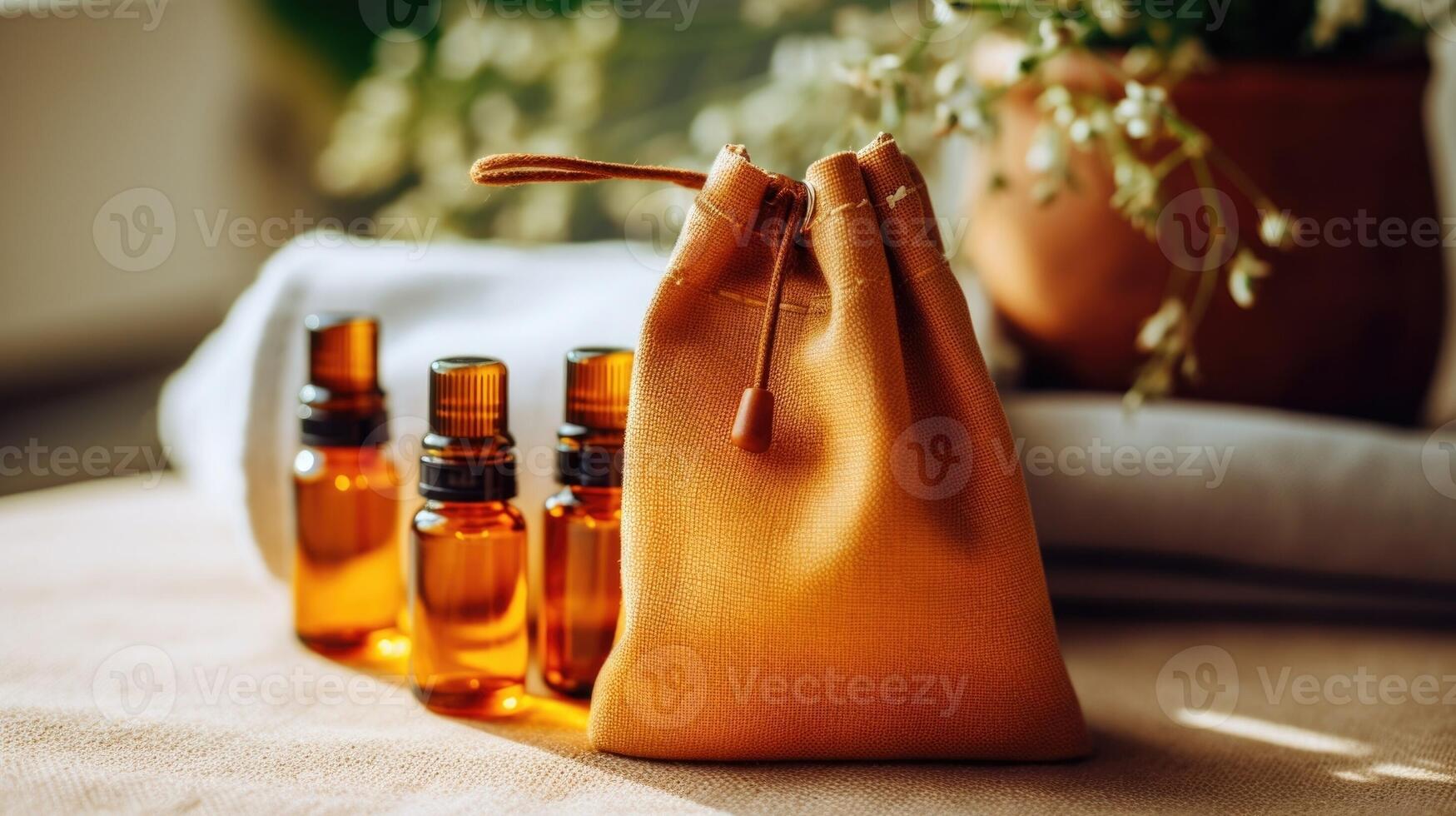 Closeup of a rustic canvas bag, containing a set of refillable amber glass bottles for a complete zero waste skincare routine. photo