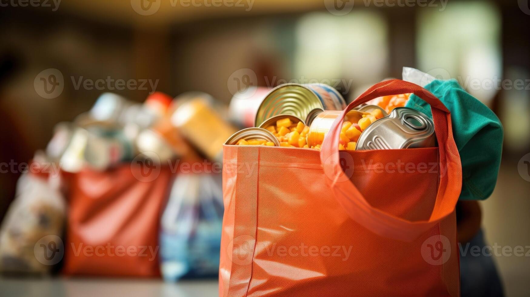 Closeup of a bag filled with canned goods, highlighting the act of volunteering at a food drive or stocking a local food pantry. photo