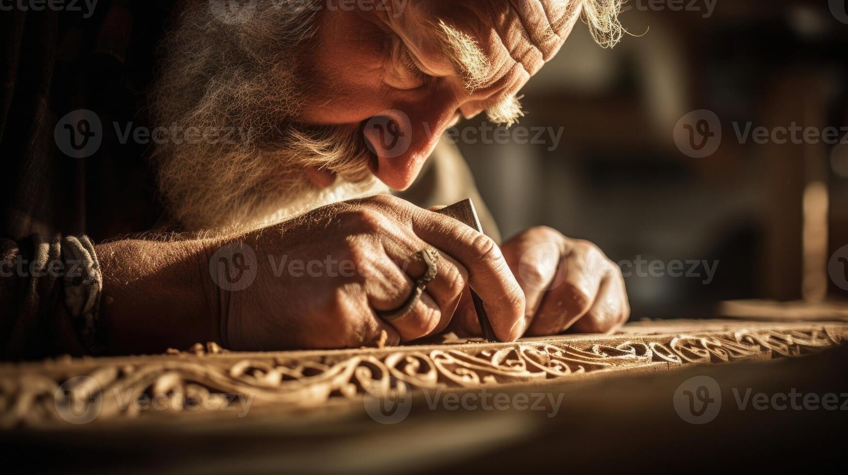 Closeup of a skilled craftsman carving intricate designs on a wooden sculpture. photo