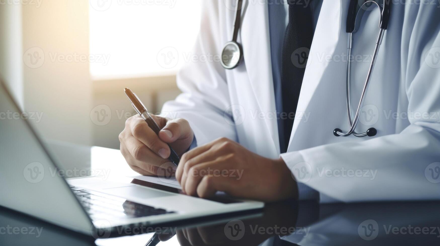 Up close view of a physicians hand using a stylus on a tablet to write notes and instructions for a virtual patient visit. photo
