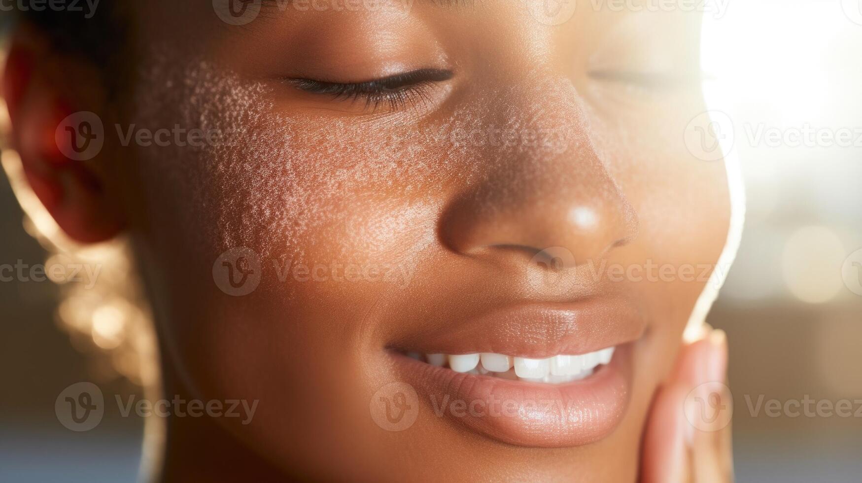Closeup of a woman with textured skin using a gentle exfoliating scrub to reveal a glowing complexion. photo