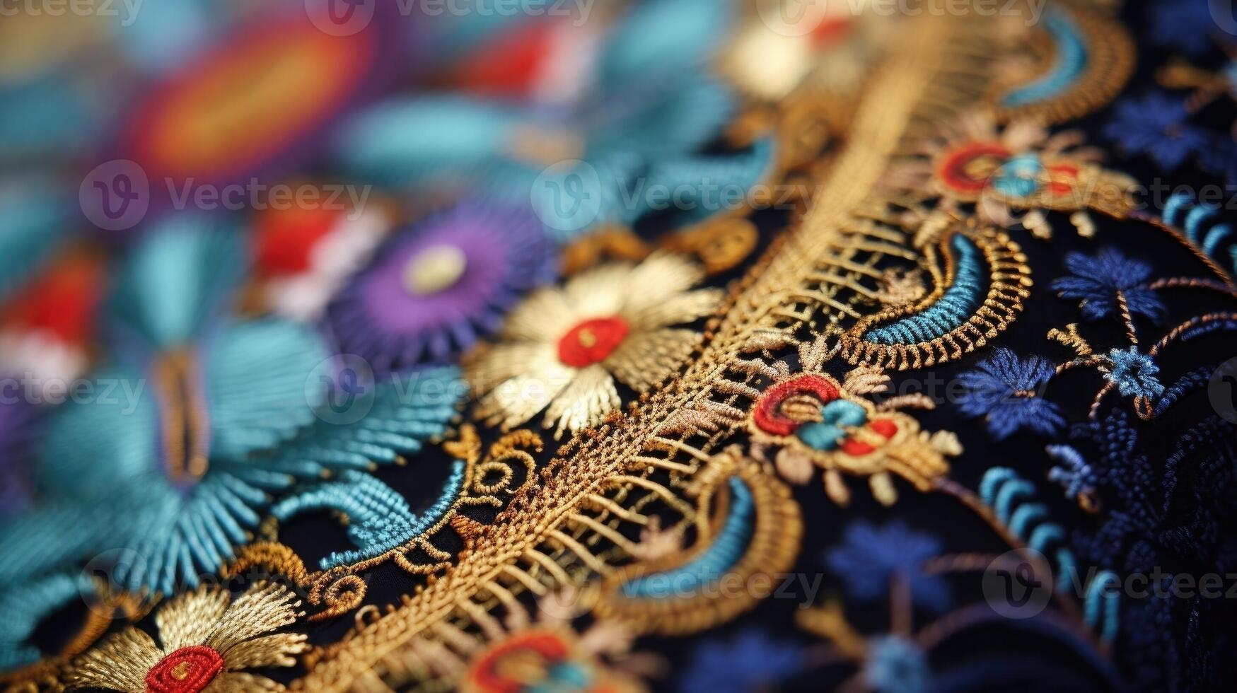 Closeup of intricate embroidery showcasing motifs of peace and tranquility. photo