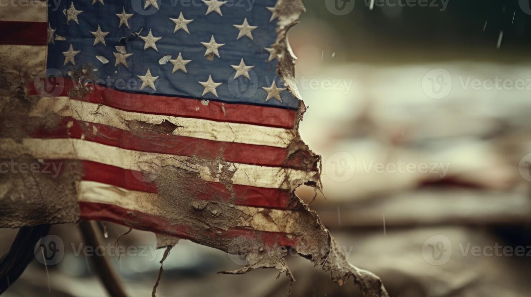 Closeup of a tattered and torn flag, serving as a reminder of the sites historical significance. photo