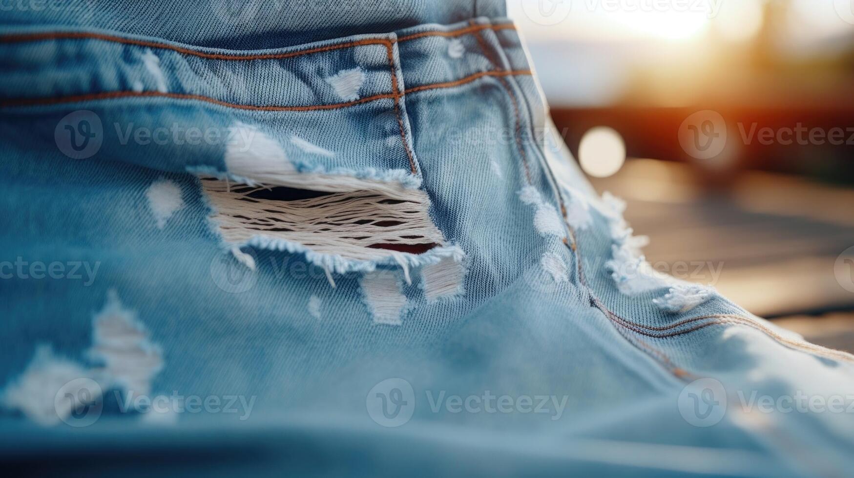 Zoomedin view of a pair of ripped light wash jeans, showcasing their distressed details and frayed hems. photo