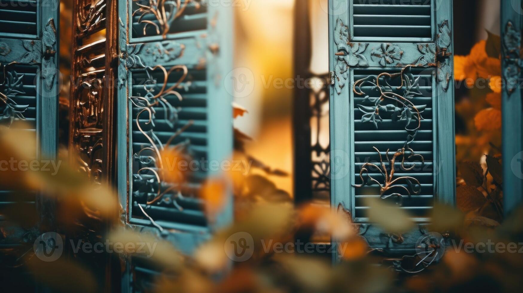 Closeup of a tiny homes intricate window shutters, adding character to the facade. photo