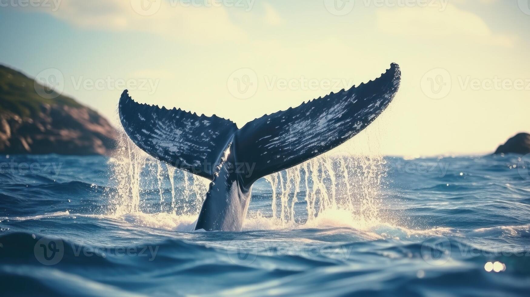 Closeup of a majestic whales tail breaking through the oceans surface. photo