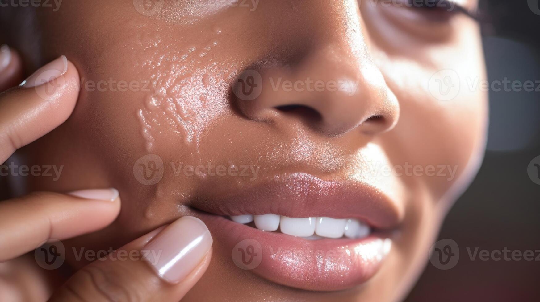 Closeup of a person with oily skin using a mattifying toner to control excess shine. photo
