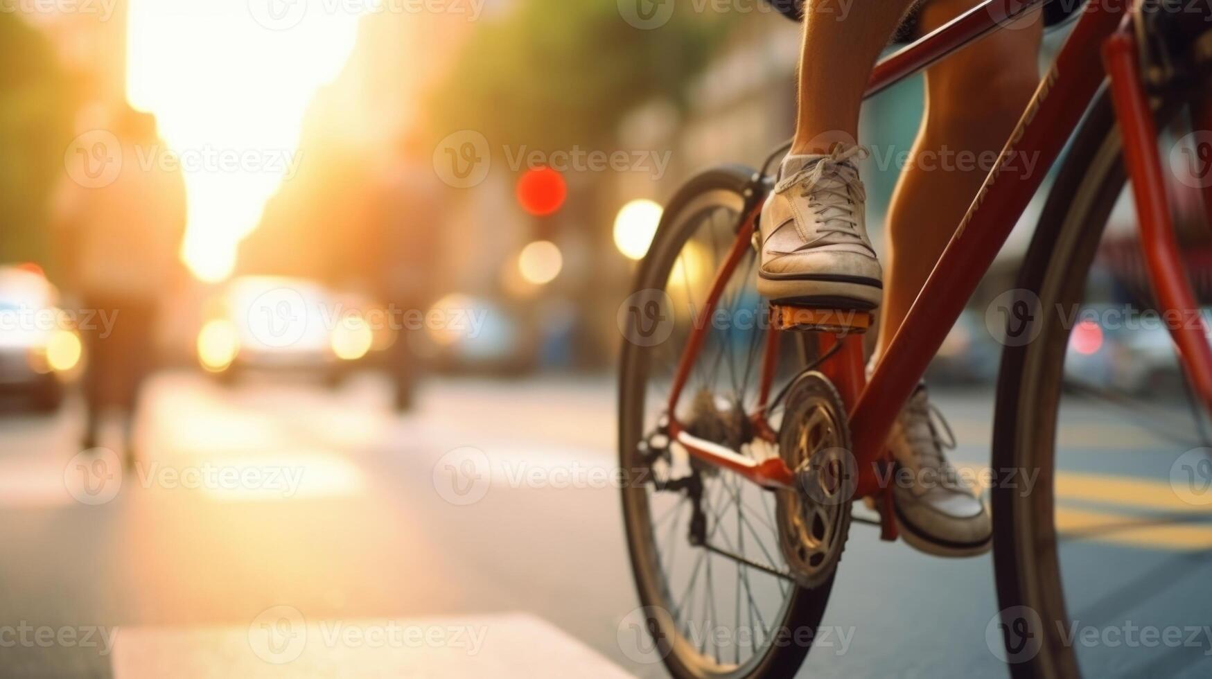 Closeup of a cyclists leg pumping as they navigate through busy city traffic, determined to arrive at their destination in an ecofriendly way. photo