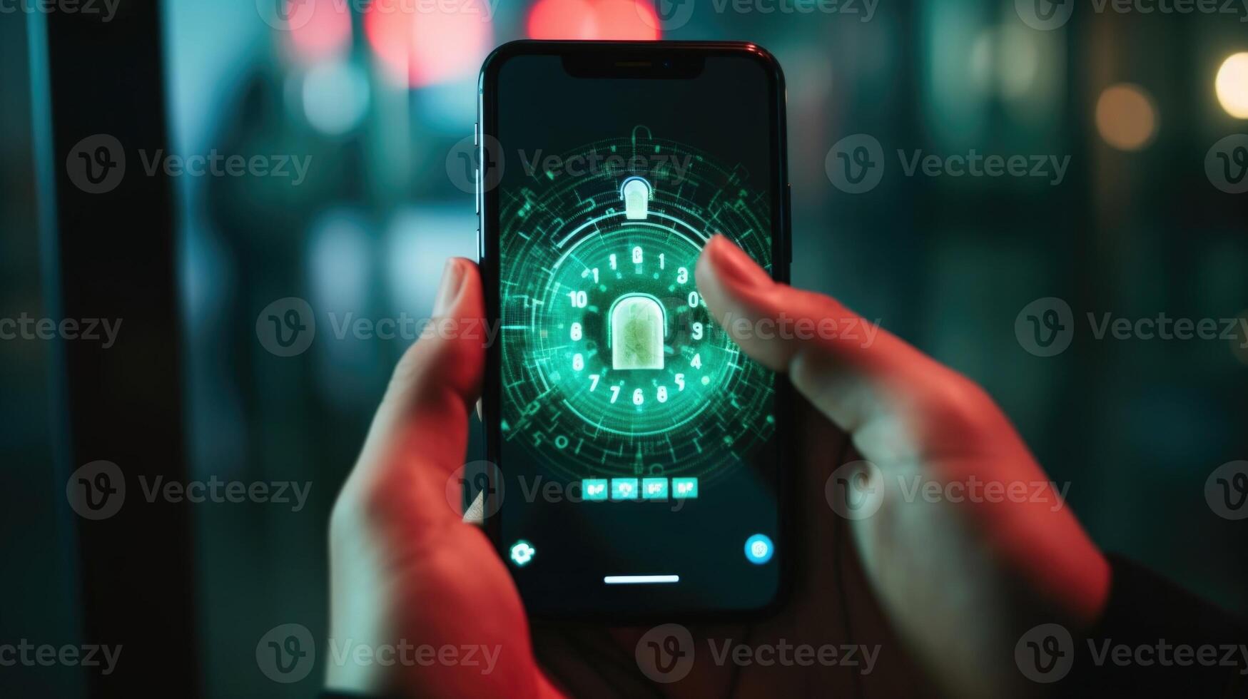 Detailed closeup of a hand entering a passcode on a phone, reminding teens to protect their privacy and security online. photo