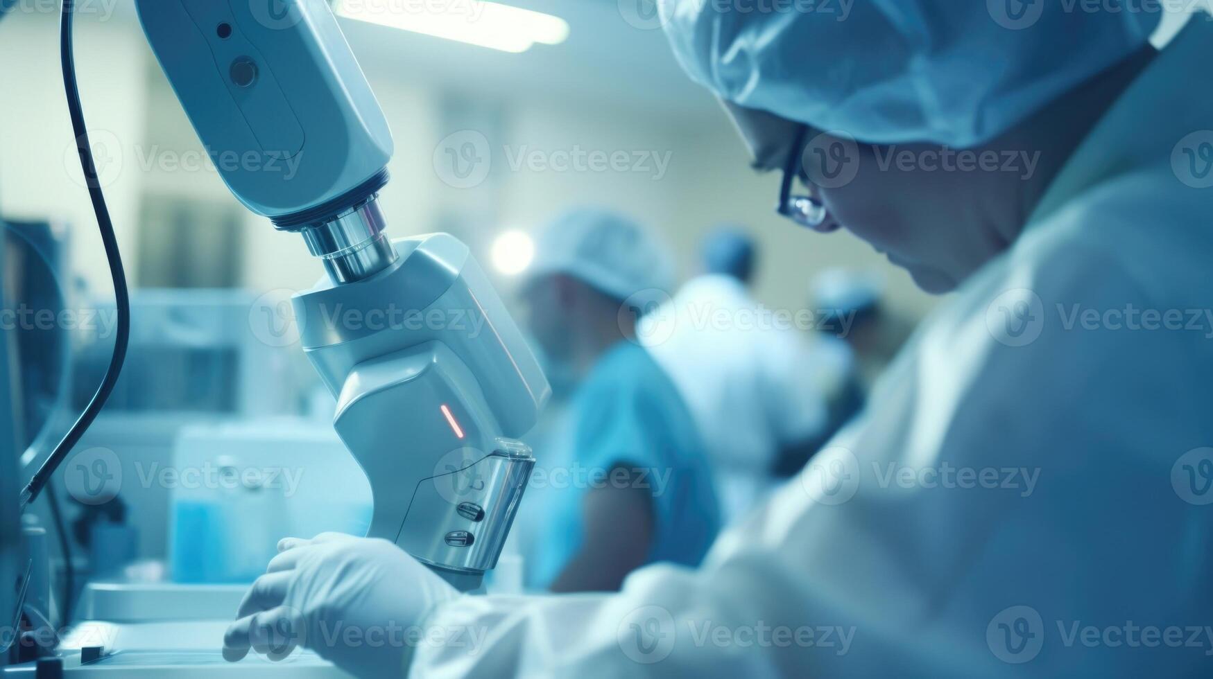 Extreme closeup of a robotic arm assisting surgeons during a complex medical procedure, combining technology with personalized healthcare. photo
