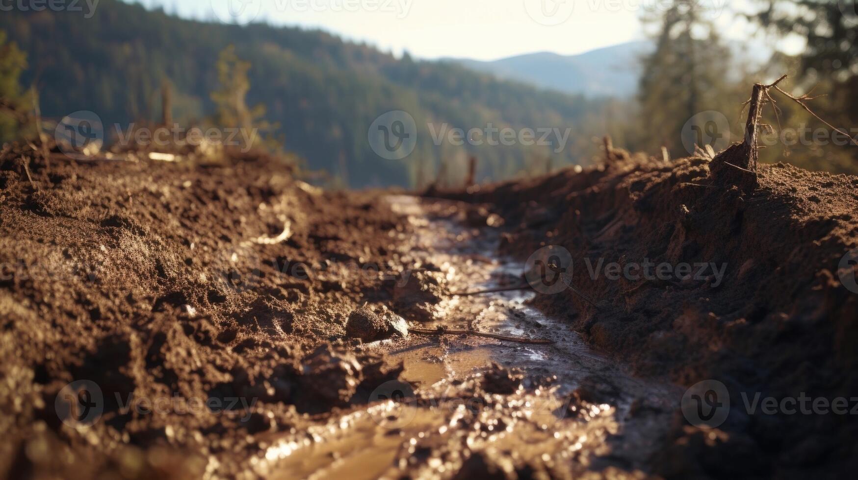 A closeup of a mudslide, a result of heavier precipitation and weakened soil caused by climate change. photo