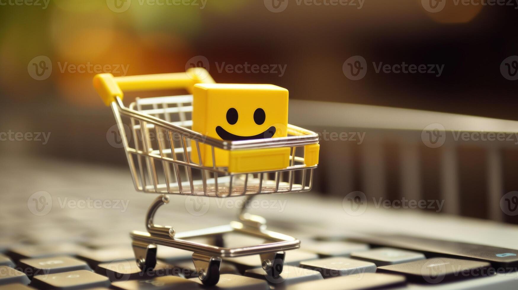 Macro closeup of a computer keyboard with a shopping cart emoji, representing the prevalence of online shopping and consumerism in teen lifestyle. photo