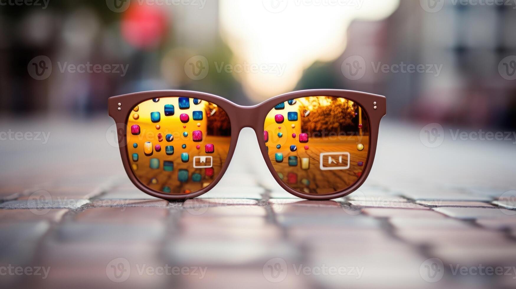 Macro photo of a pair of sunglasses with a reflective lens engraved with tiny emojis and hashtags, signifying the influence of pop culture and social media in everyday fashion choices.