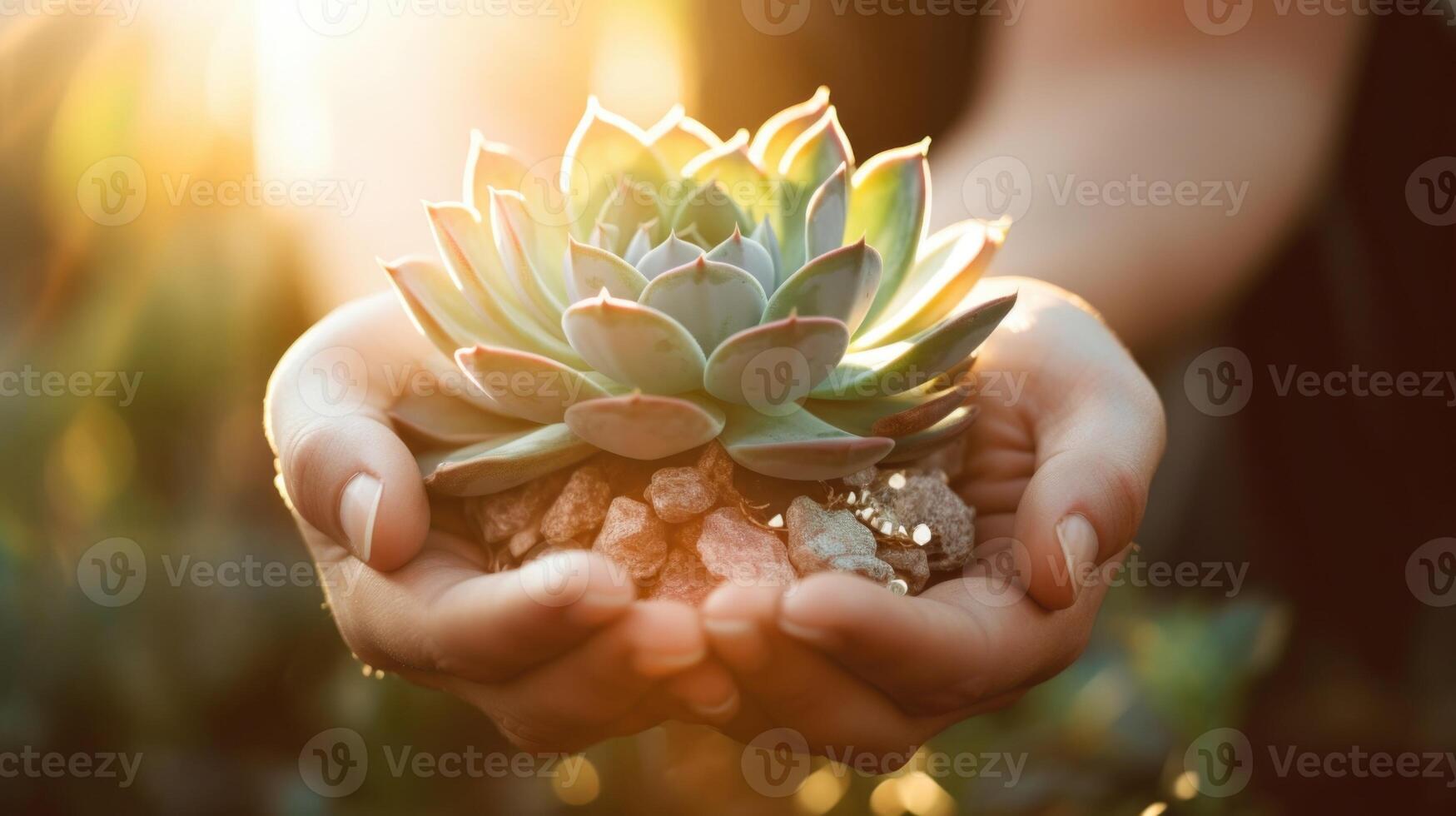 Closeup of a persons hands gently holding and admiring a succulent plant, signifying the calming and grounding effects of connecting with nature on mental health. photo