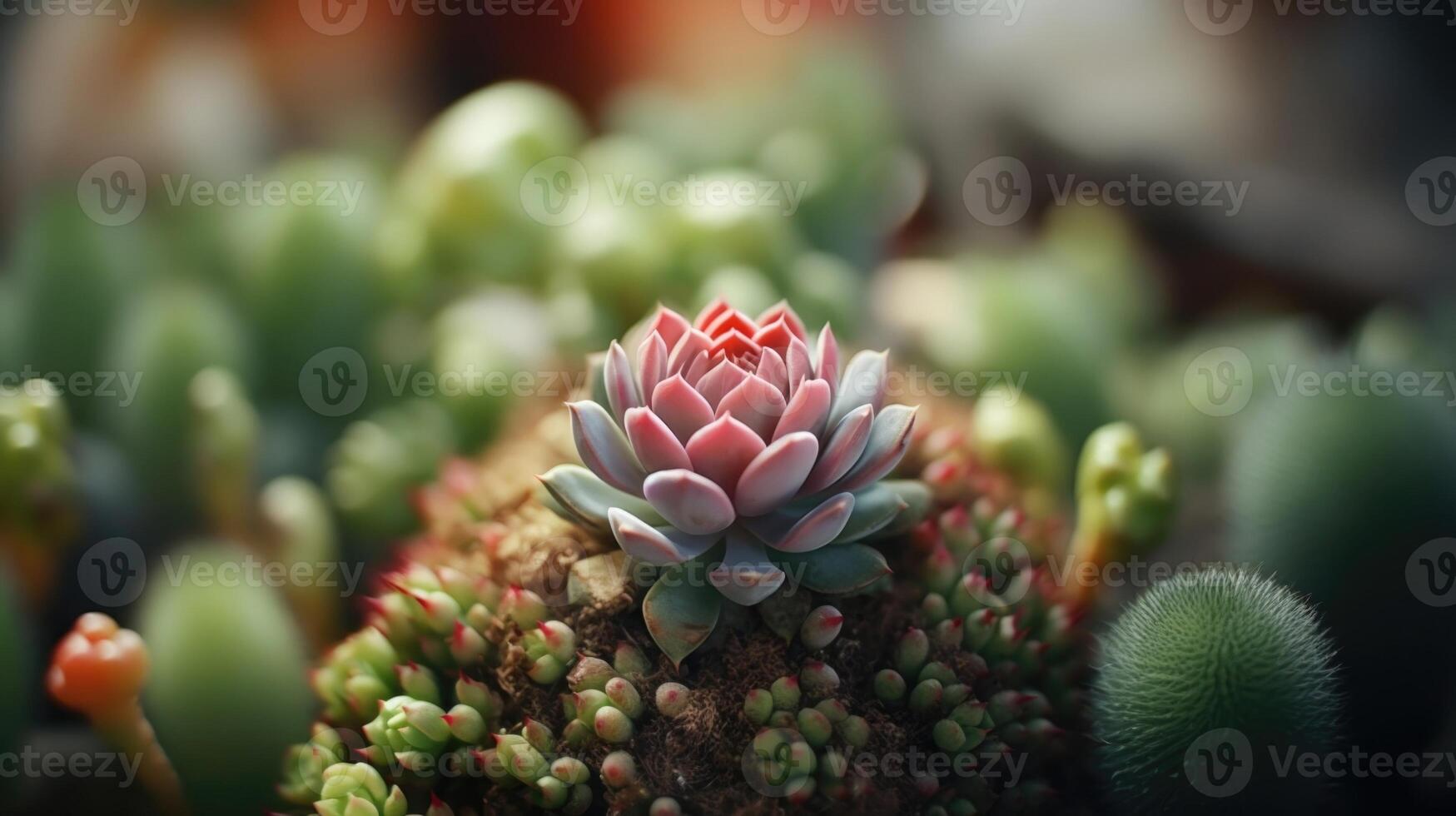 Closeup of a tiny ladybug crawling on a textured green succulent in a tranquil rooftop garden, away from the chaos of the city. photo