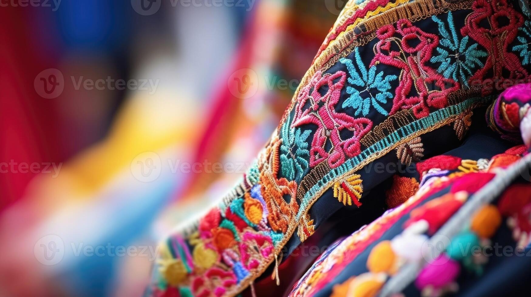 Closeup of colorful fabrics and embroidered details on traditional costumes worn at a cultural parade. photo