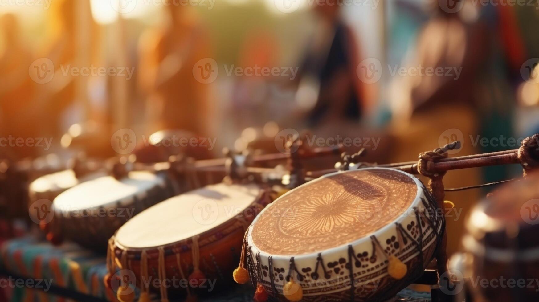 Detailed closeup of traditional musical instruments being played during a cultural music festival, evoking a sense of nostalgia. photo