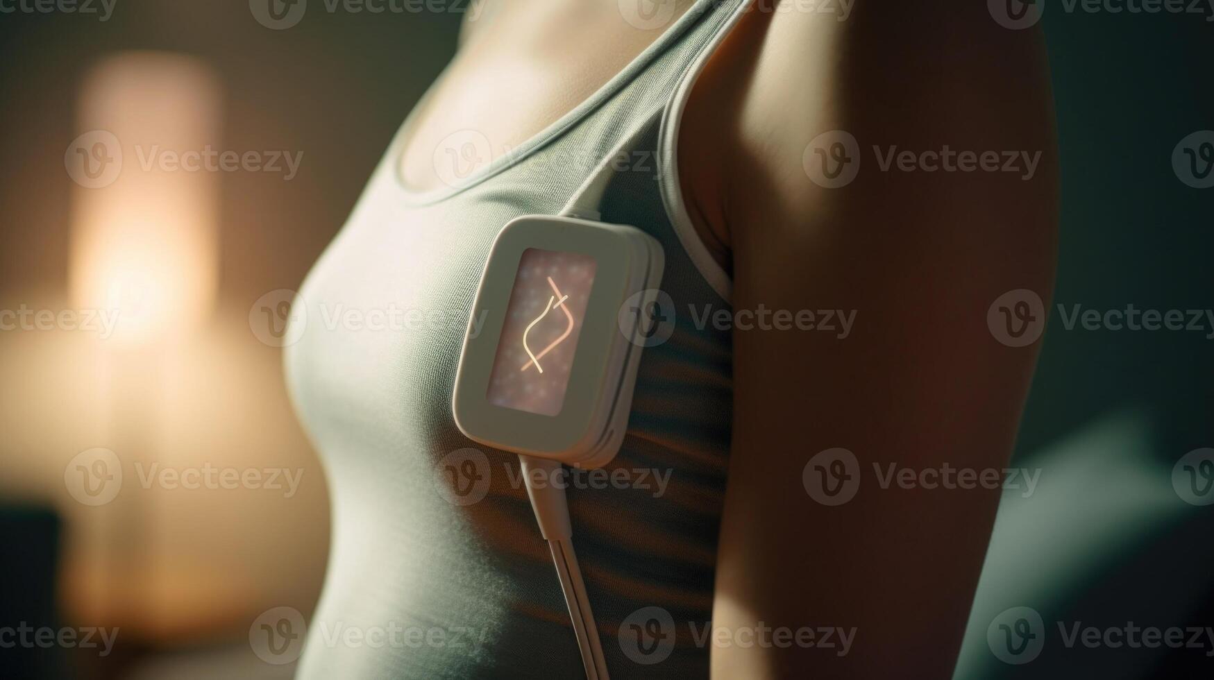 Closeup of a health sensor device attached to a patients arm, continuously monitoring their heart rate and oxygen levels. photo