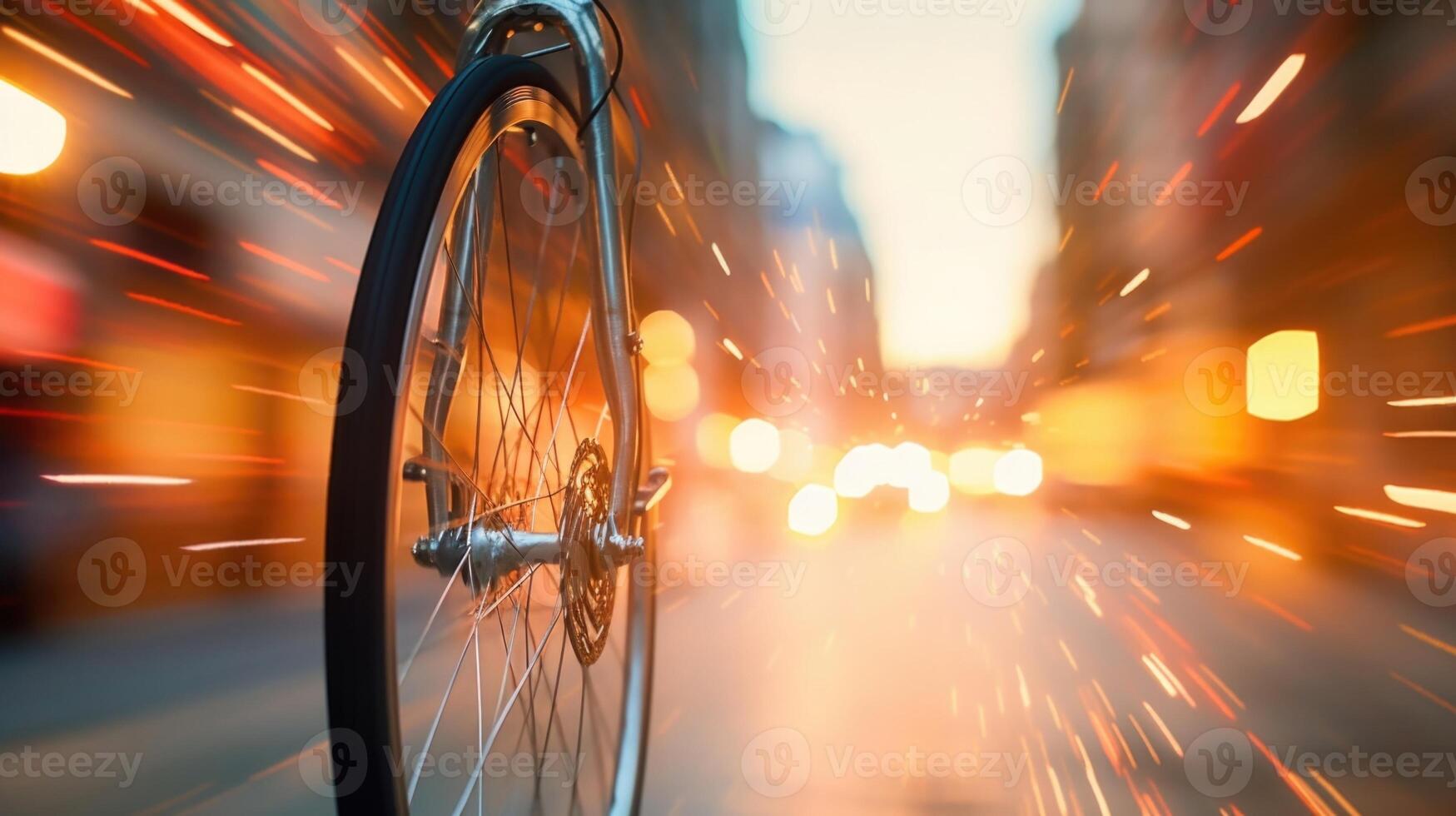 Closeup of a bicycle wheel spinning in motion, with reflections of the bustling cityscape in the handlebars. photo