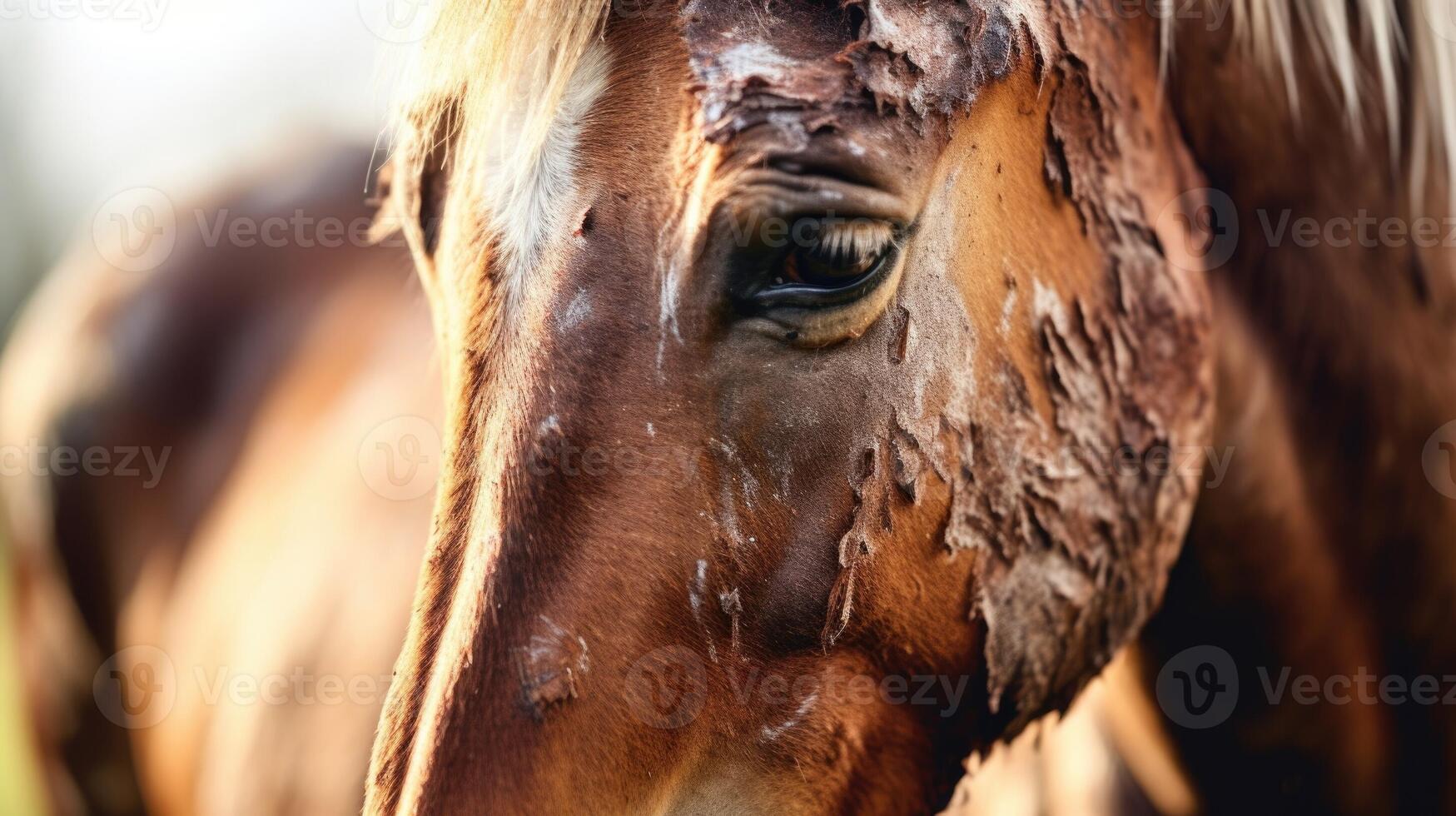 Detailed image of a rescued horses scarred and healed skin, a reminder of the importance of animal welfare. photo