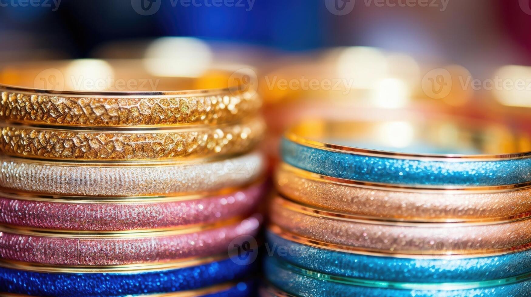 Closeup of a stack of bangles, each with its own unique design and texture, perfect for mixing and matching. photo
