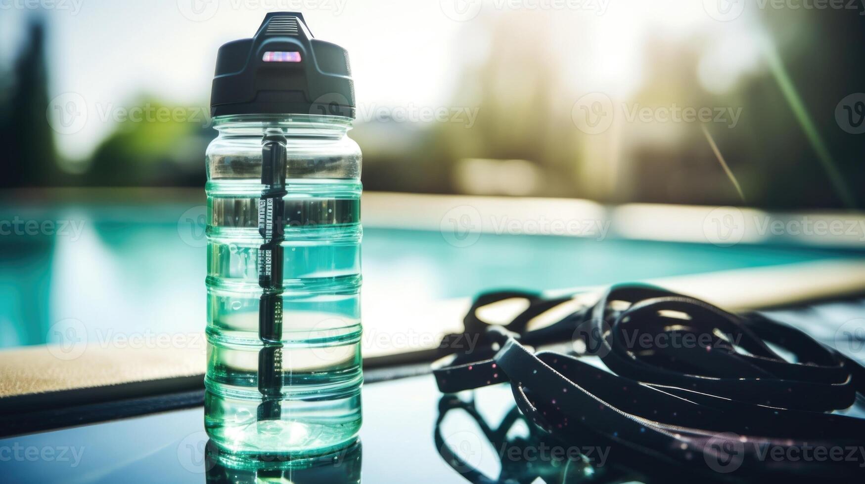 Closeup of a water bottle with a builtin hydration tracker, next to a set of resistance bands. photo
