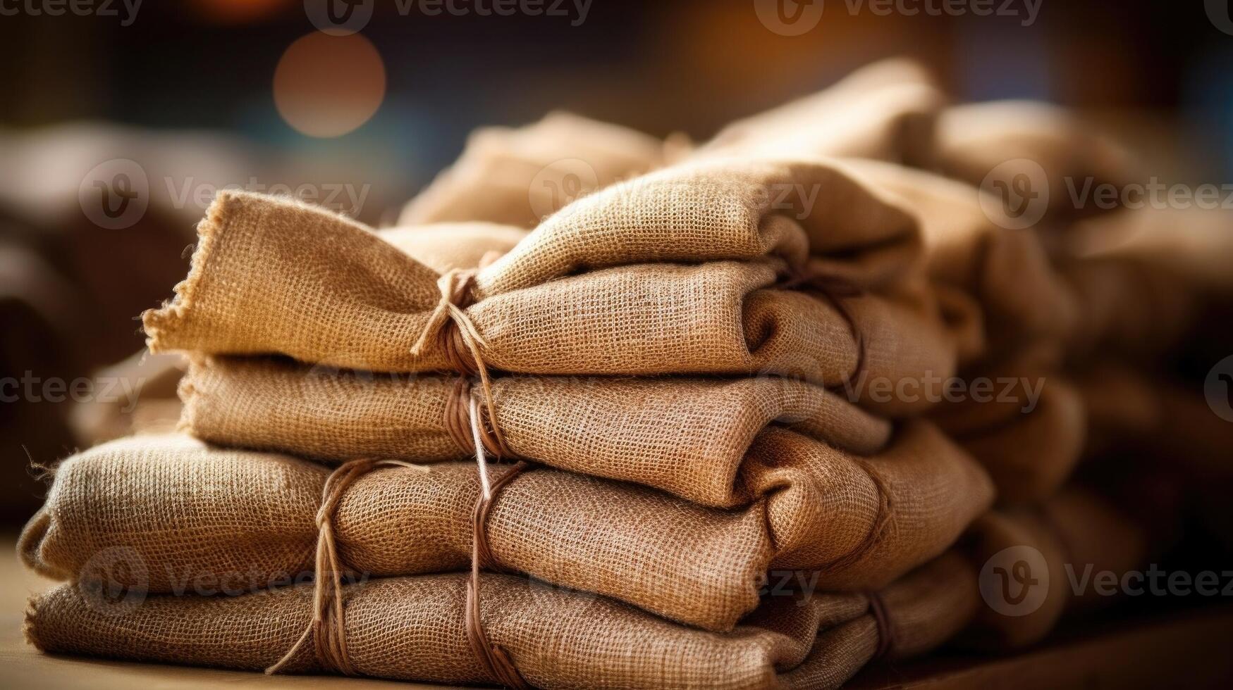 Detailed look at a burlap sack made from recycled materials in sustainable textile production. photo