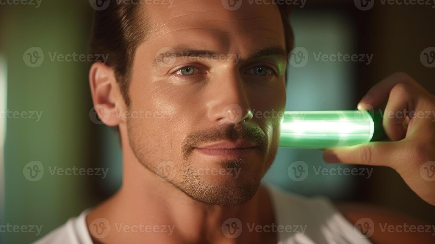 Closeup of a man using a jade roller to massage and depuff his undereye area, reducing the appearance of dark circles. photo
