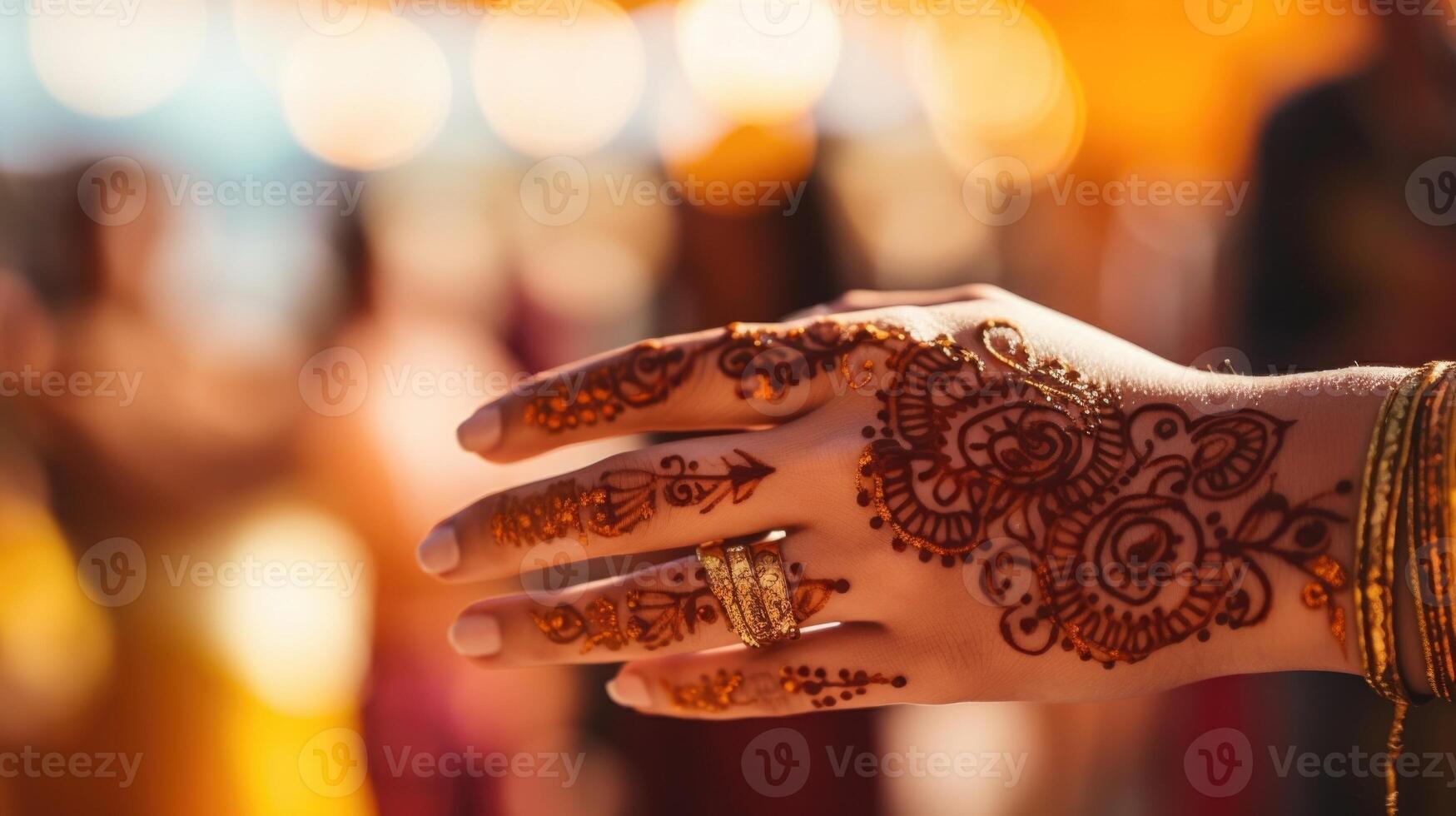 Closeup of intricate henna designs on a hand at a cultural celebration. photo