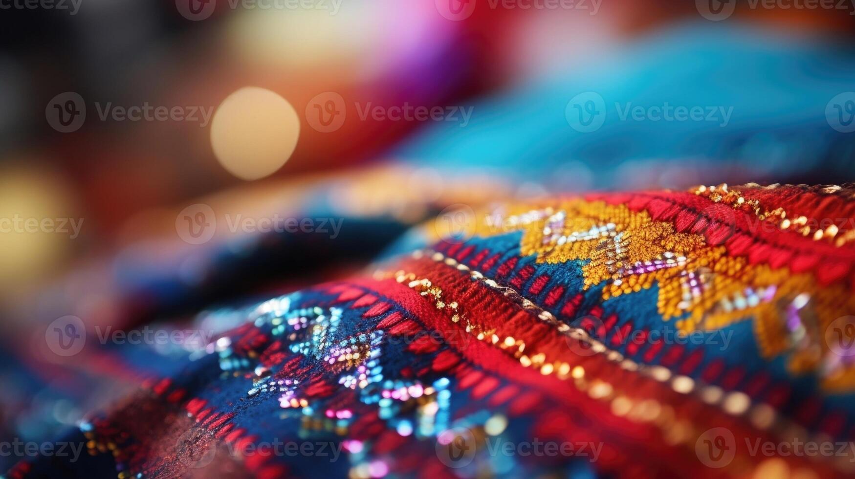 Intricate patterns and bright colors on a handwoven textile, showcasing the unique craftsmanship and cultural significance of the fabric. photo