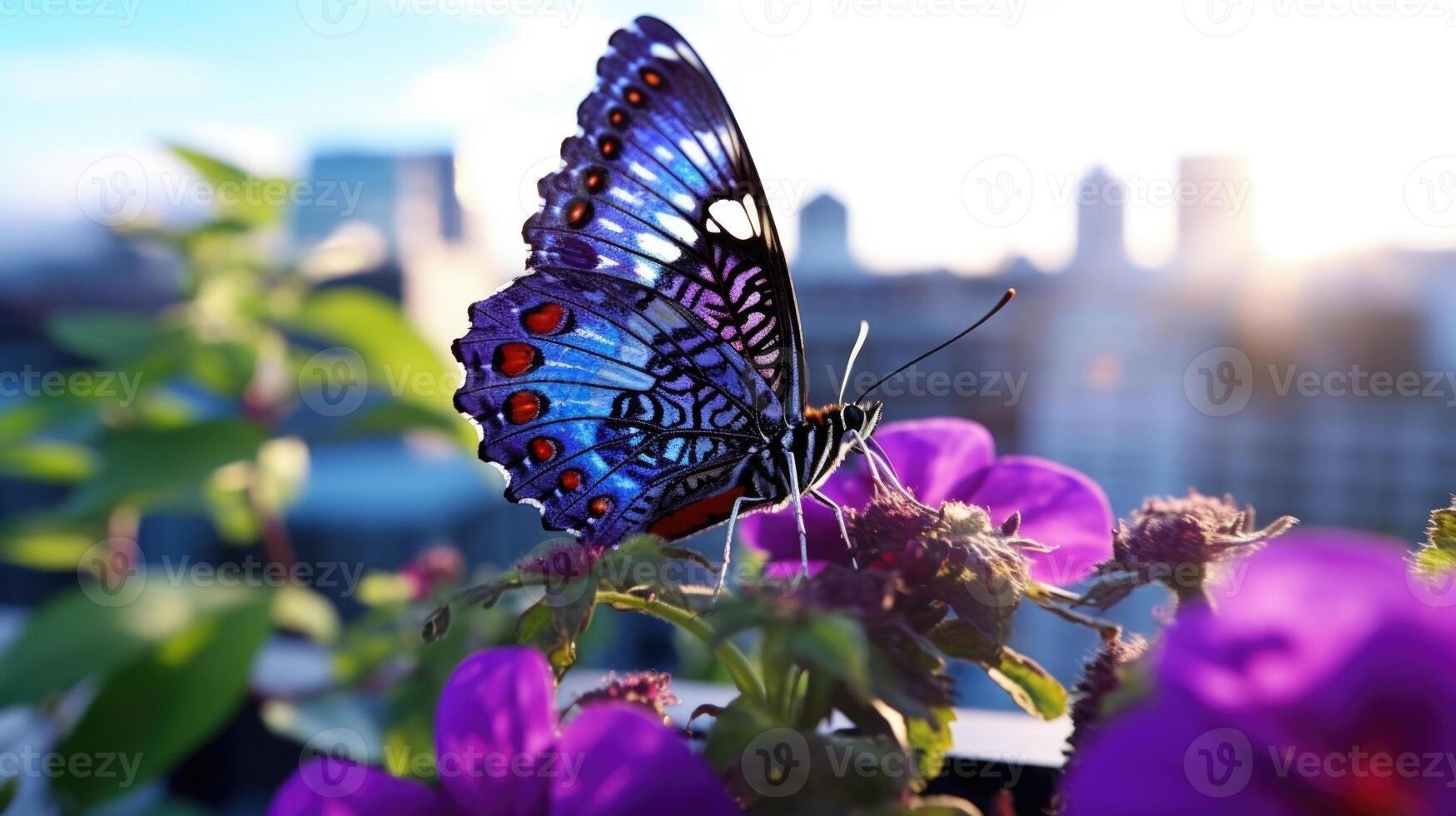 Closeup of a vibrant purple erfly perched on a lush green leaf in a rooftop garden, mirroring the colorful urban landscape below. photo