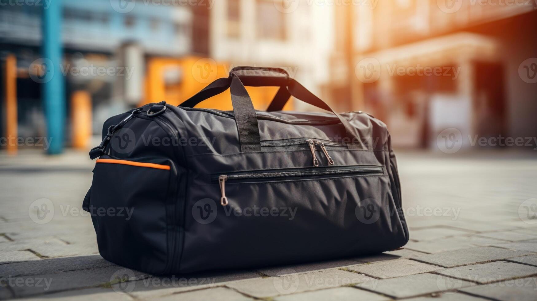 Closeup of a durable and spacious duffle bag with multiple compartments and reinforced handles for easy transport. photo
