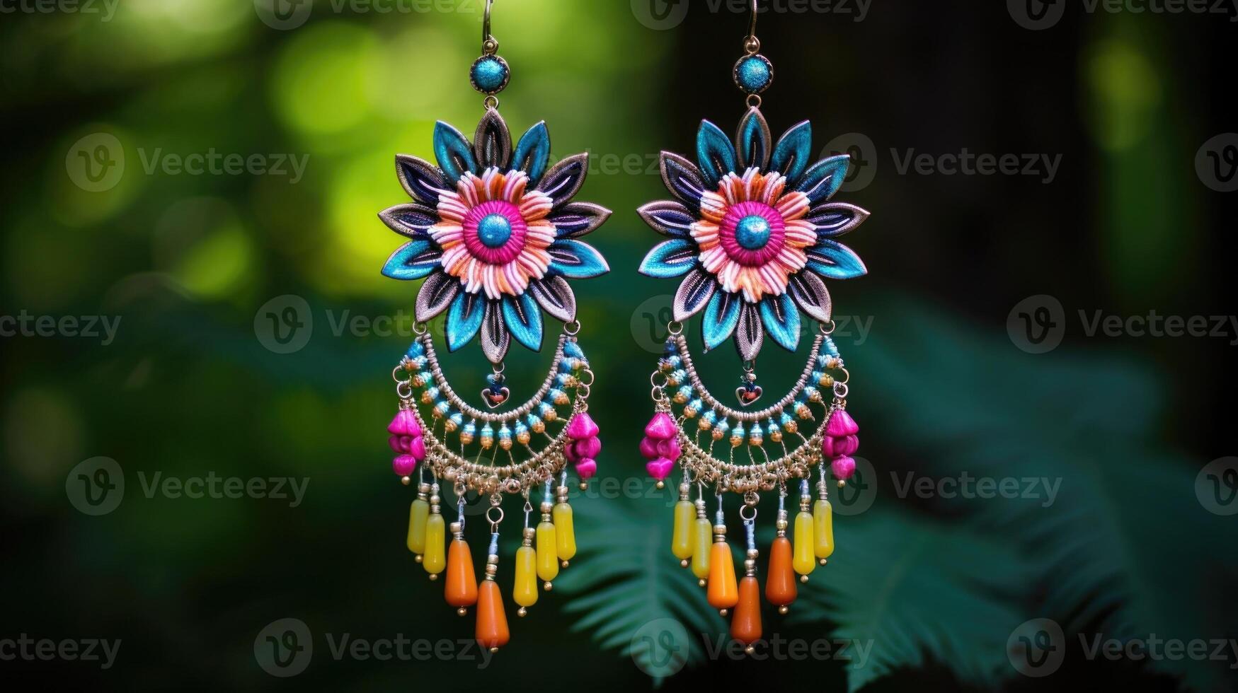 Detailed closeup of a pair of statement earrings, made with intricate beadwork and displayed on a vibrant flower petal in a garden. photo