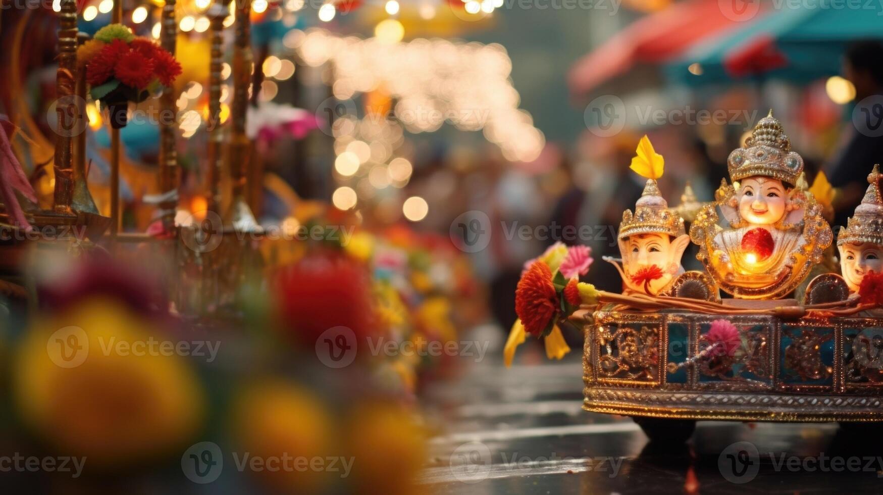 Closeup of beautifully decorated floats parading through the streets at a cultural celebration. photo