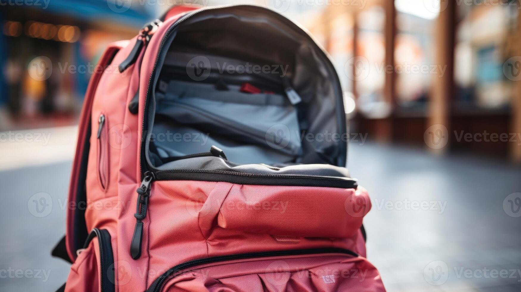 Closeup of a functional and fashionable pack with zippered compartments and an adjustable waistband. photo