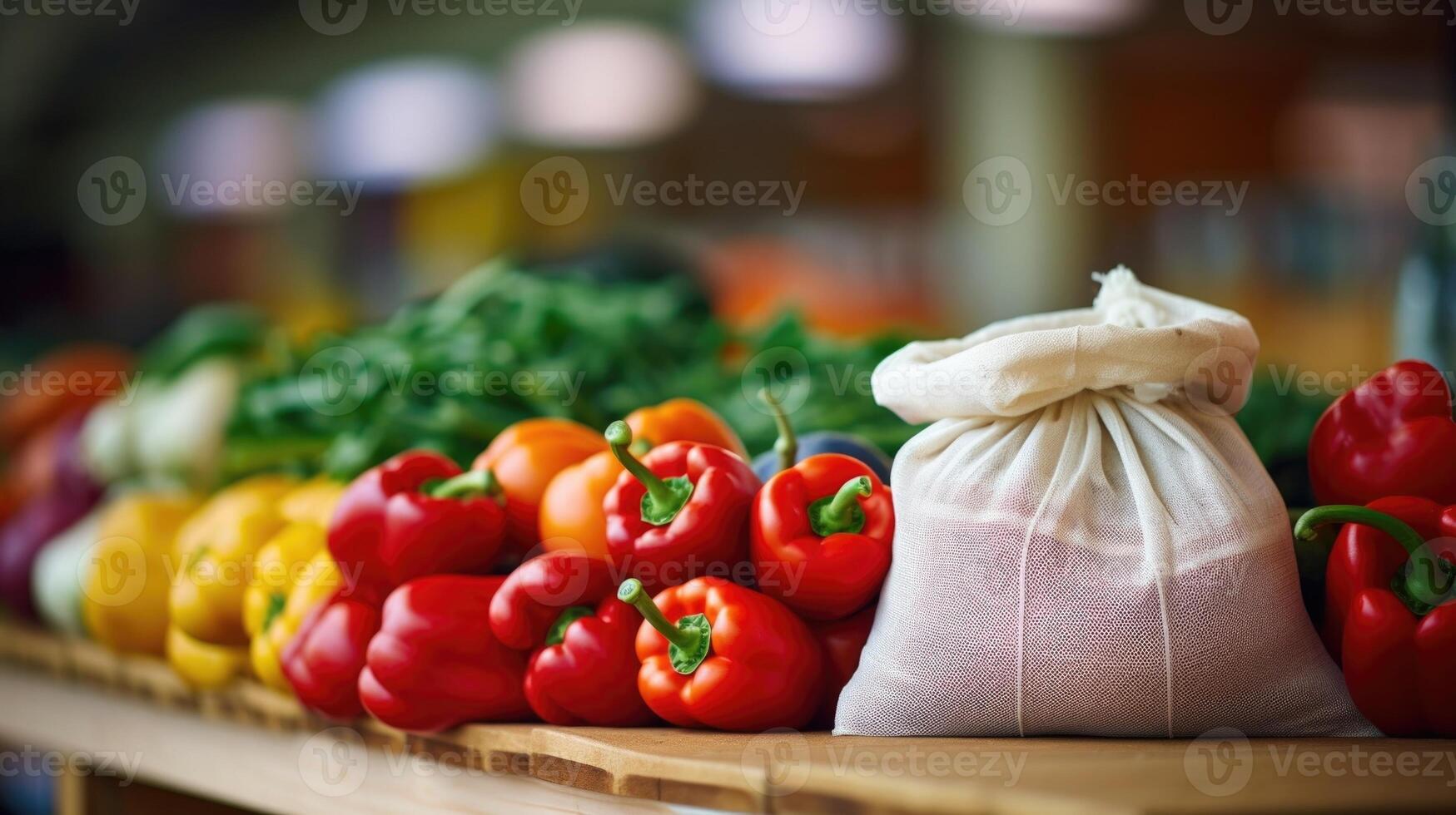 Closeup of a stack of reusable cloth bags filled with fresh produce from a local farmers market. photo
