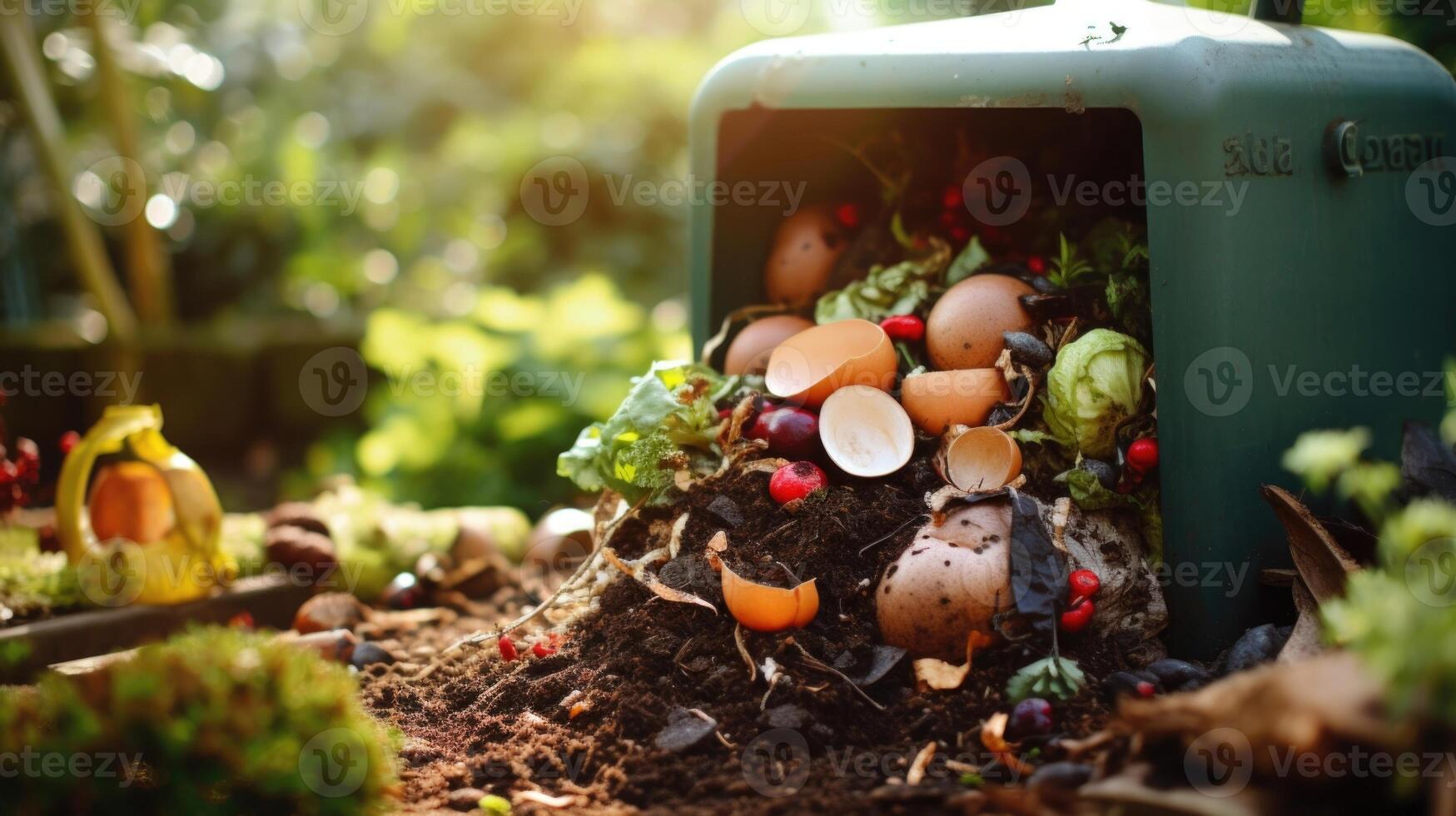 Closeup of a compost bin, breaking down food waste into nutrientrich soil photo