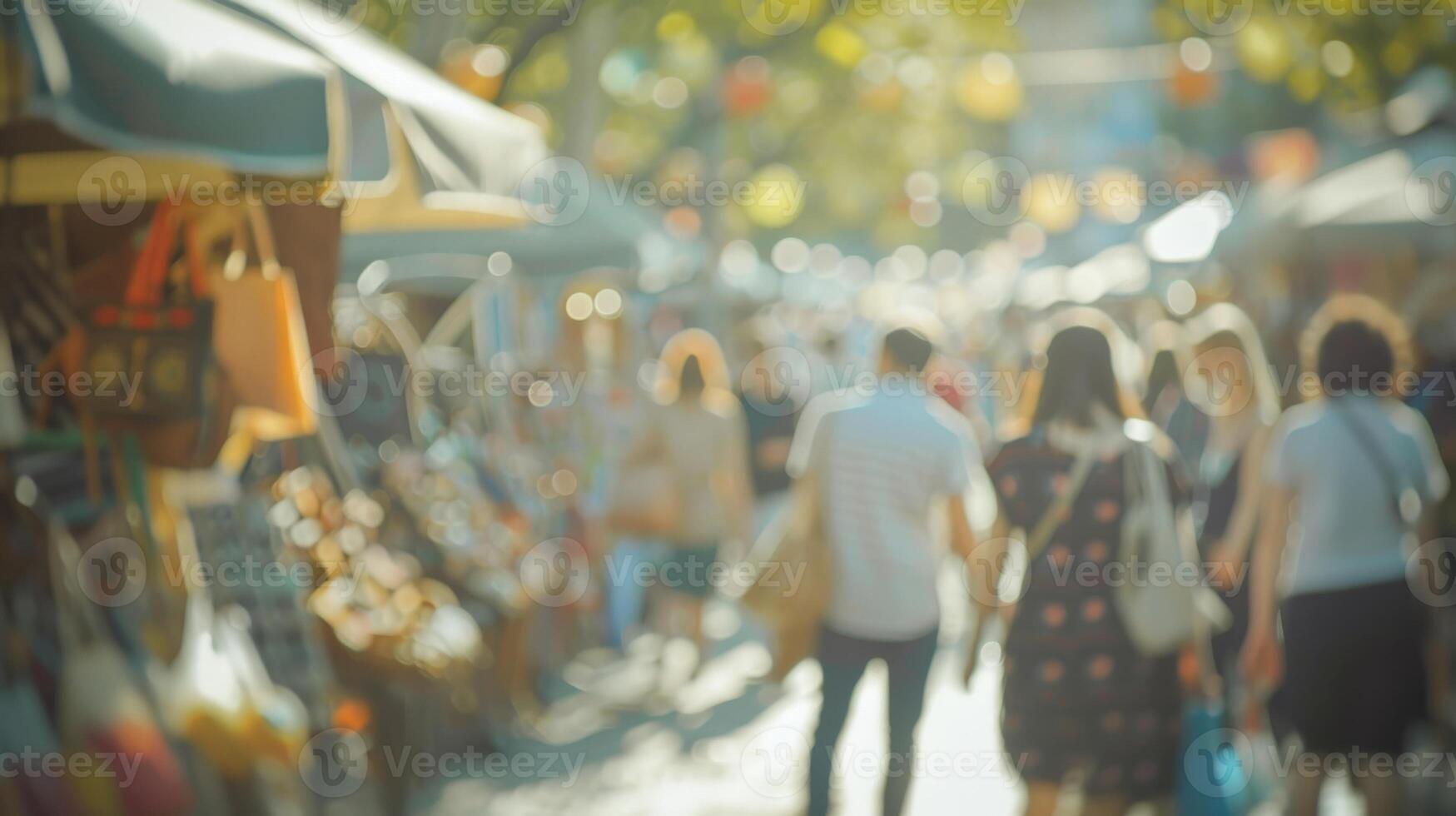 Dreamy scene of vendors selling handmade goods and shoppers perusing at an urban market photo