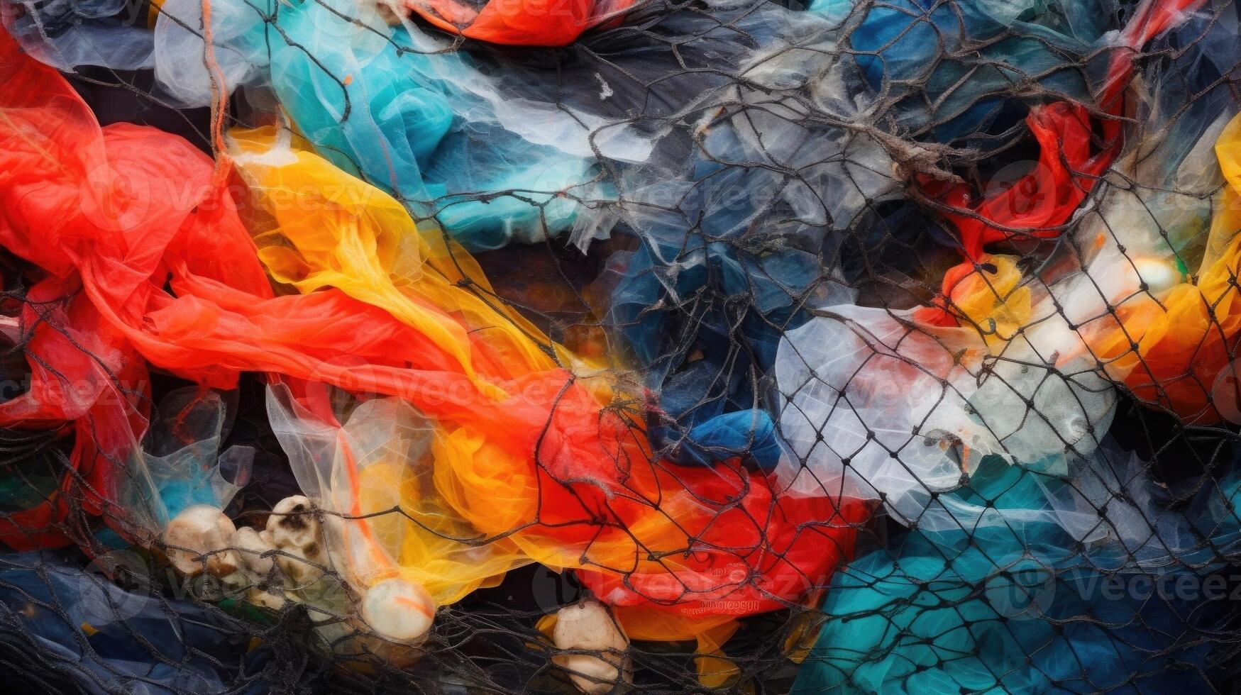 Detailed image of a large fishing net filled with various sizes and colors of plastic debris. photo