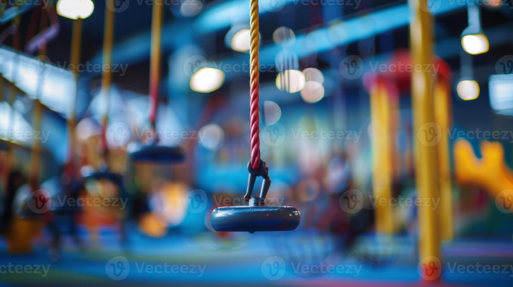 Blurry outlines of little ones swinging climbing and having fun in a bustling indoor playground photo
