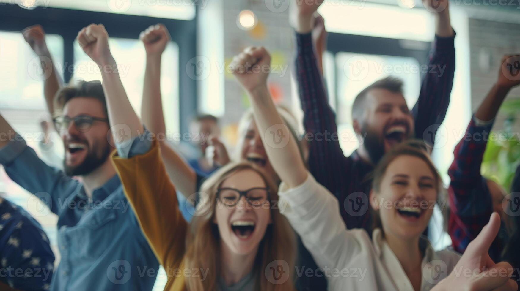 Soft focus on coworkers cheering and raising their glasses in celebration after a big projects success photo