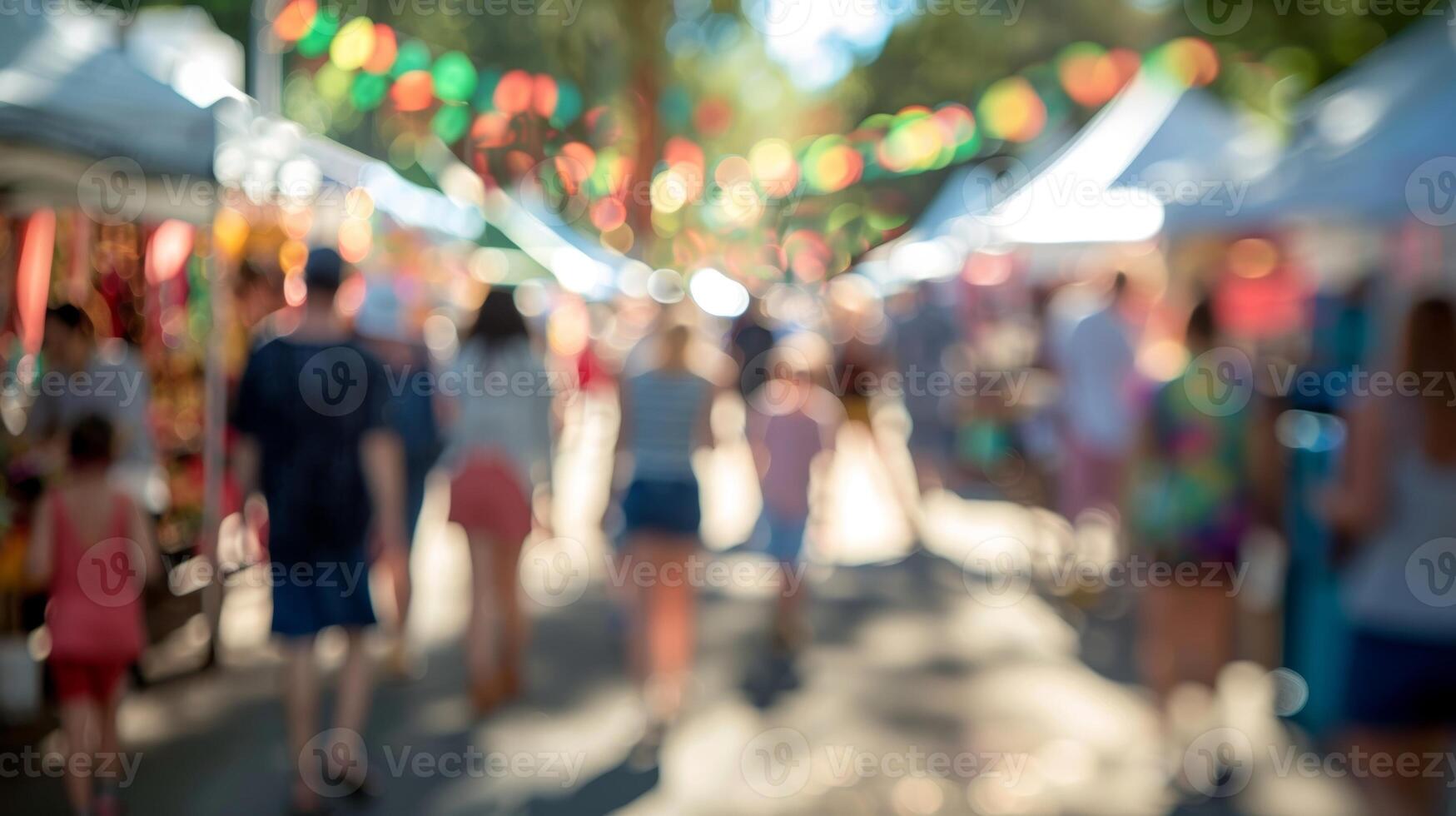 Blurry shapes of campers exploring the food and craft vendors at the festival photo