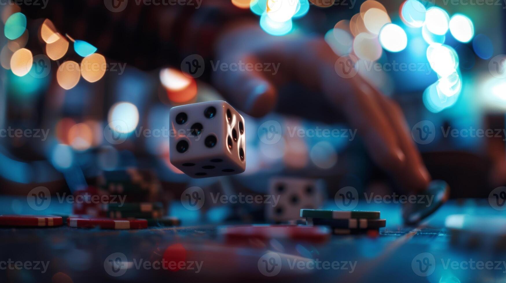 The blurred motion of a player rolling dice and eagerly awaiting the result photo