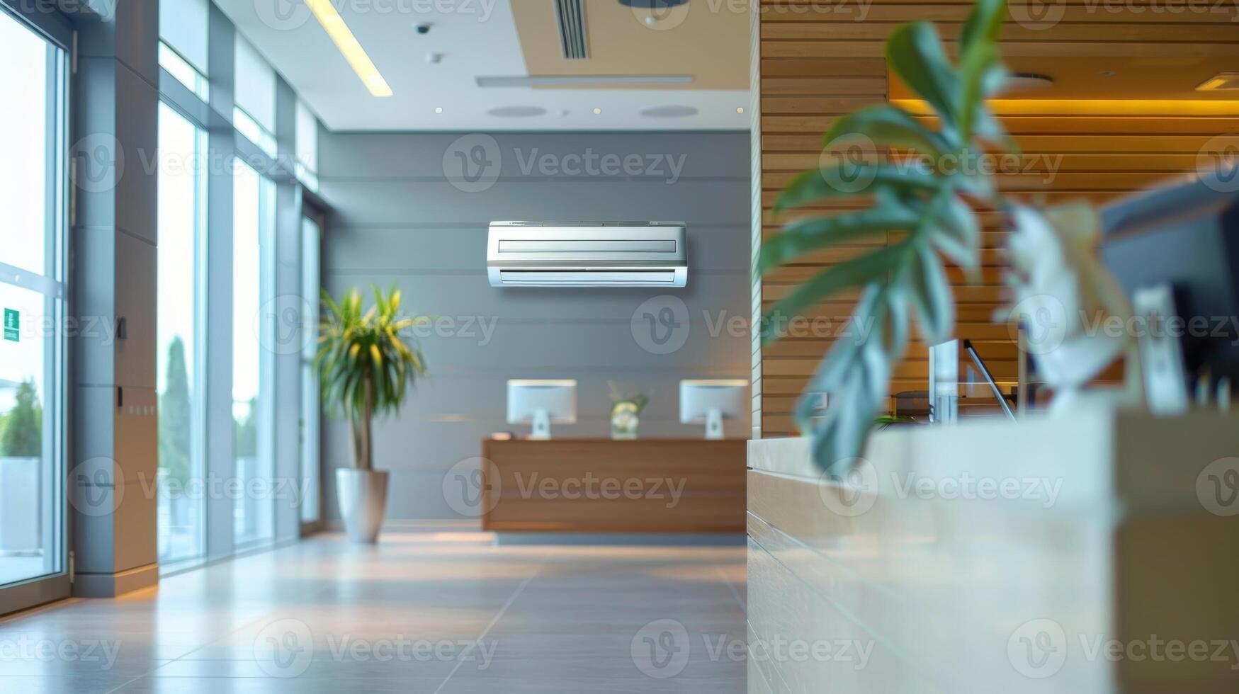 A modern hotel lobby with a sleek solarpowered air conditioning unit visible behind the checkin desk a sustainable touch to the stylish decor photo