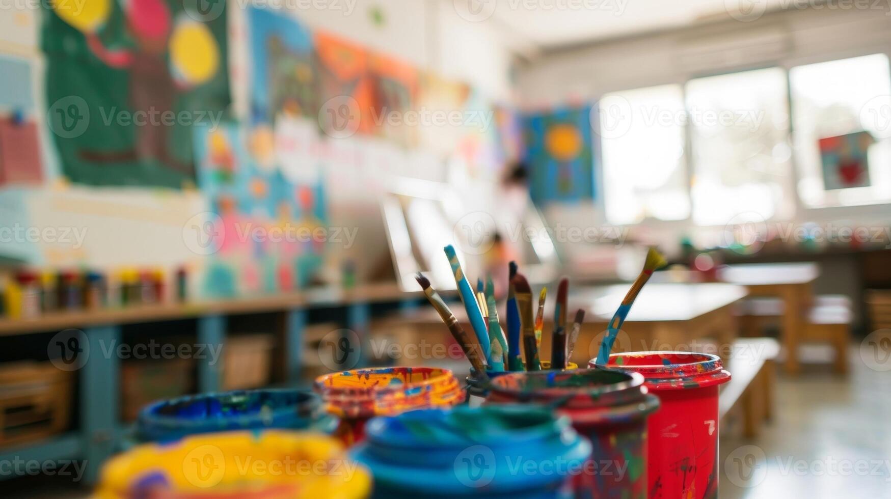 Defocused glimpse of a classroom filled with the smell of paint and the sound of childrens creativity at work photo