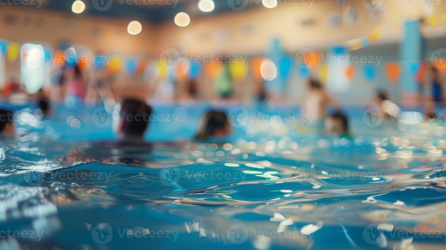 Defocused scene of a vibrant indoor pool party where people are enjoying a refreshing dip photo