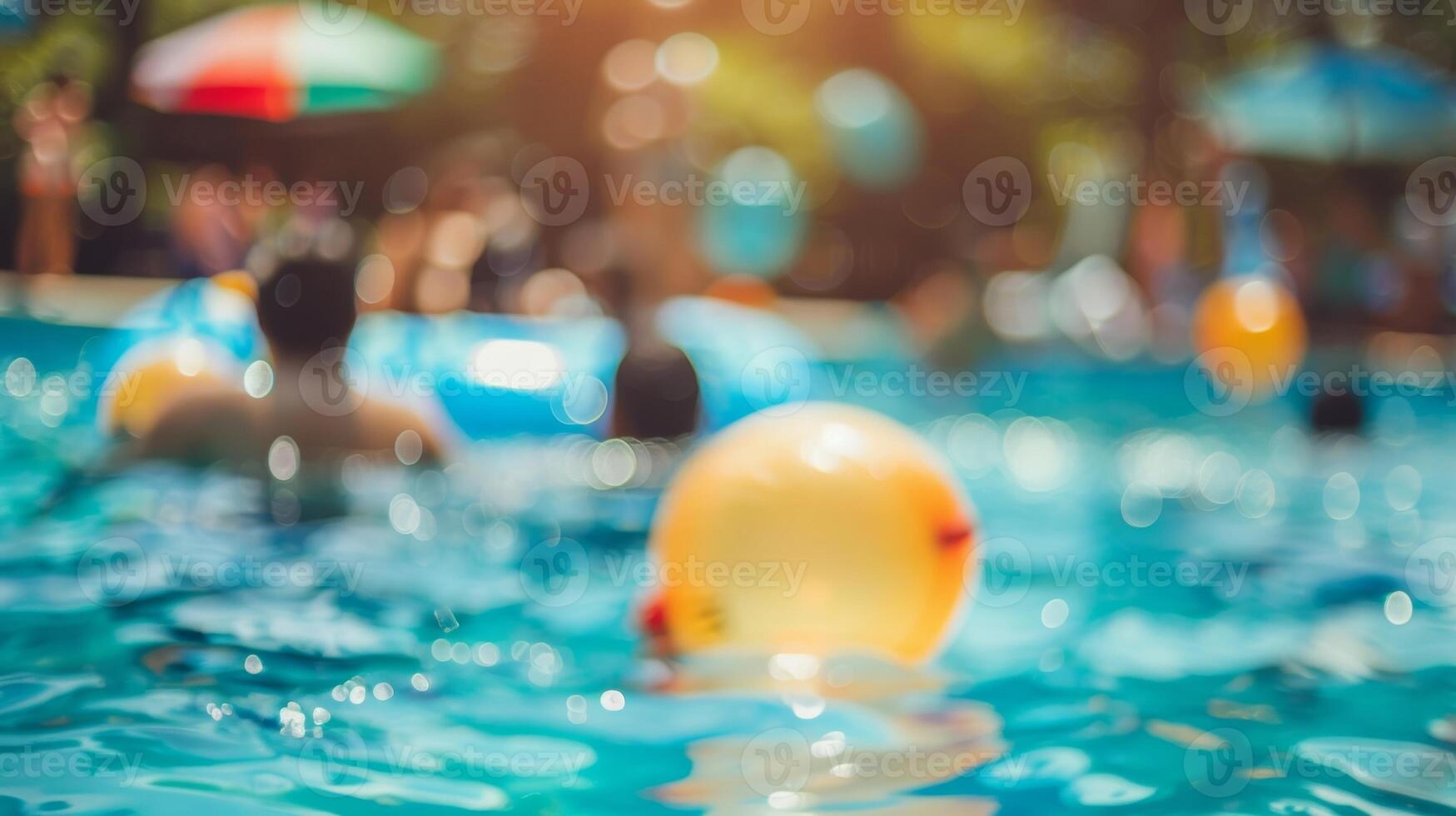 Defocused scene of a fun pool party with guests enjoying a variety of water activities and games photo