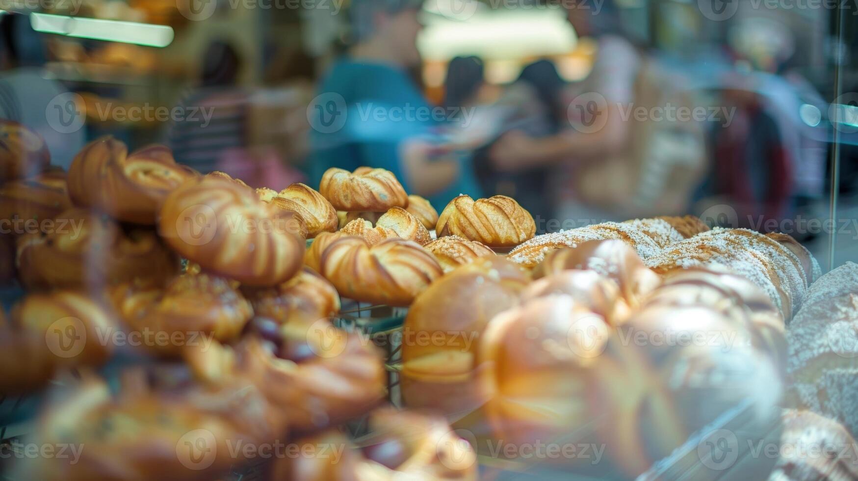 Defocused glimpse of a crowd gathering around a display of freshly baked goods photo