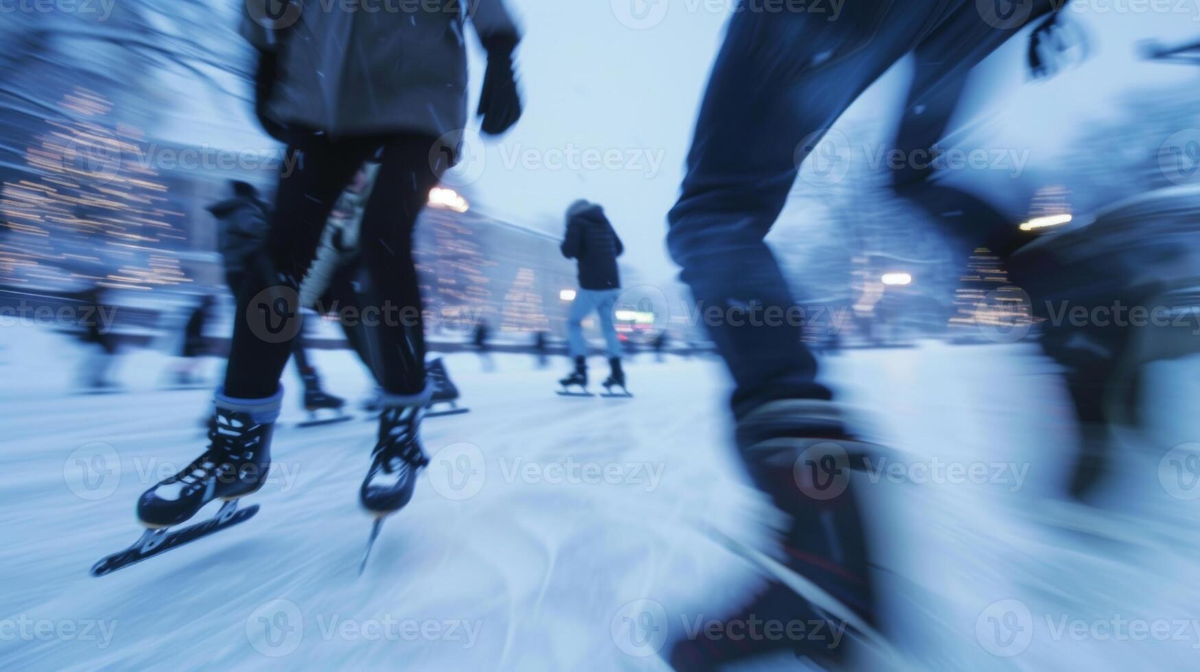 Out of focus skaters spin and leap in a frosty haz photo
