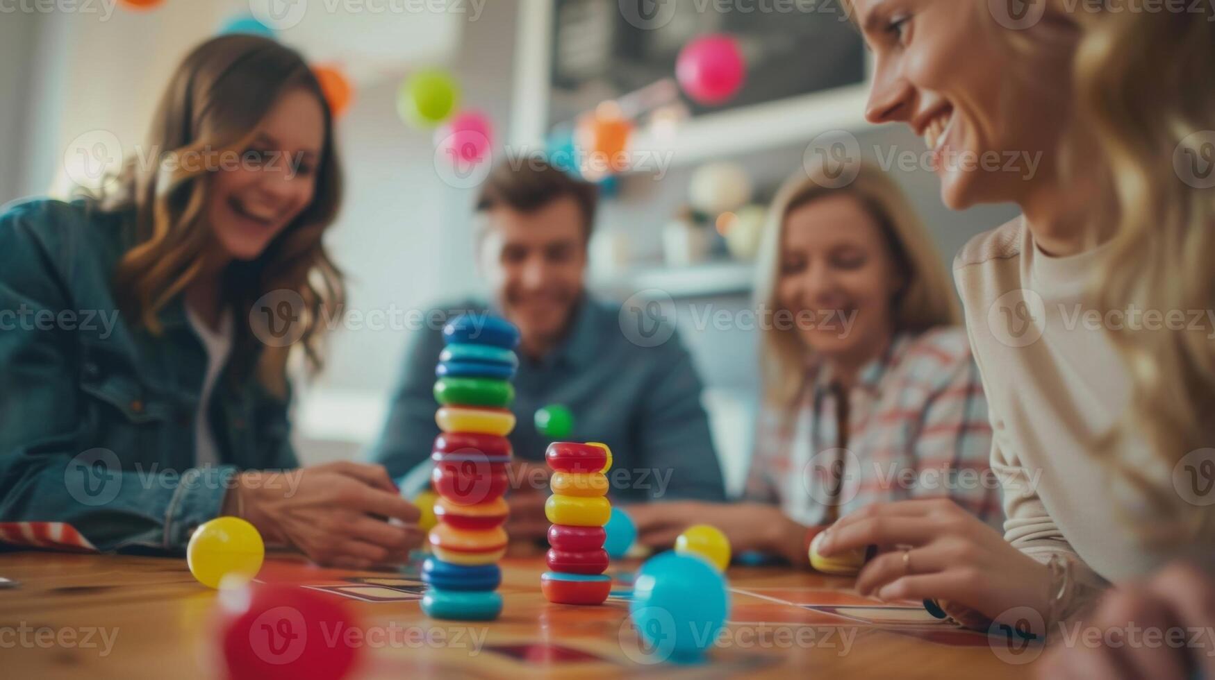 Soft focus on coworkers playing party games and enjoying each others company photo